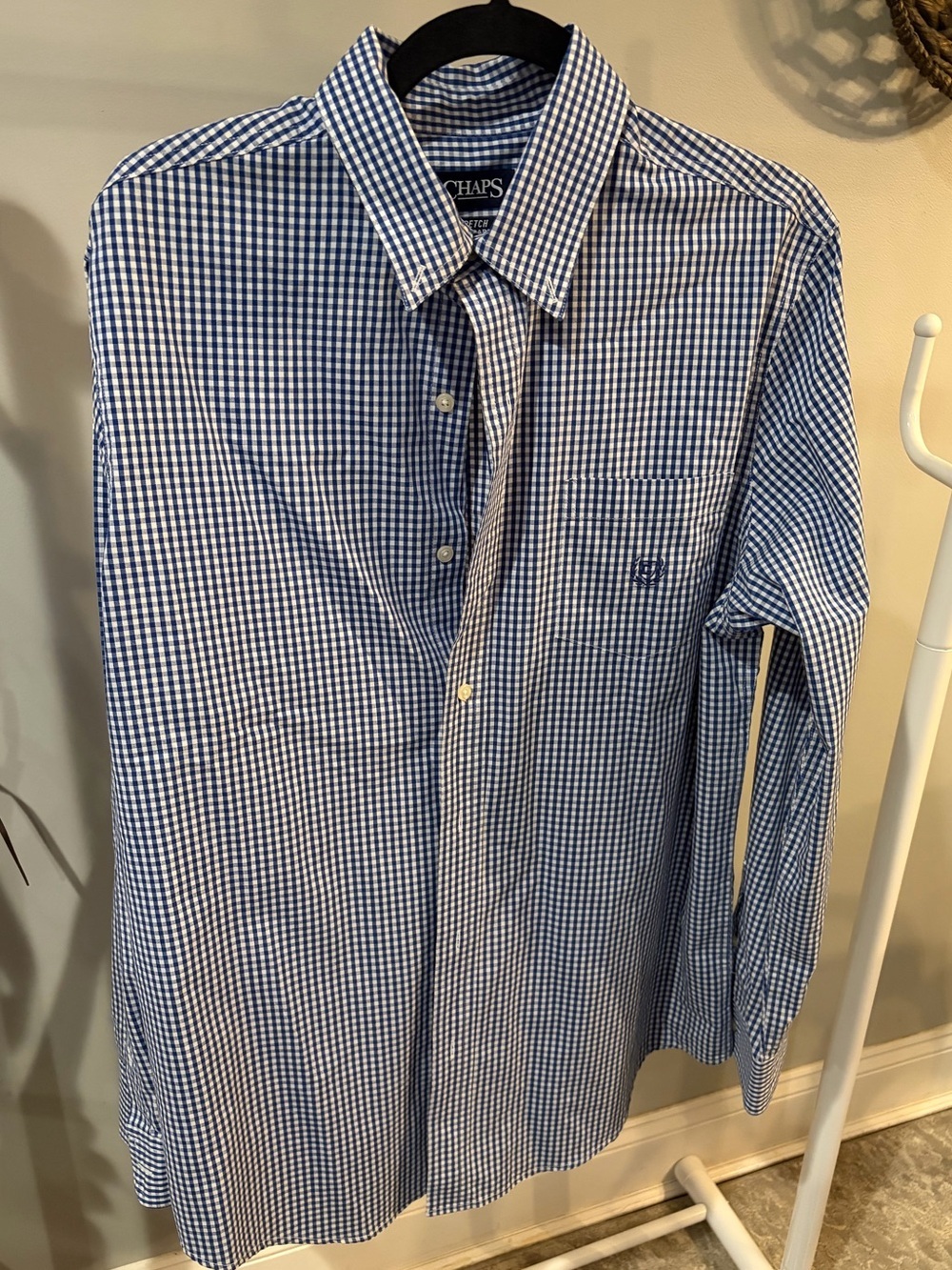 Chaps Blue & White Checked Long-Sleeve Dress Shirt stretch easy care - large